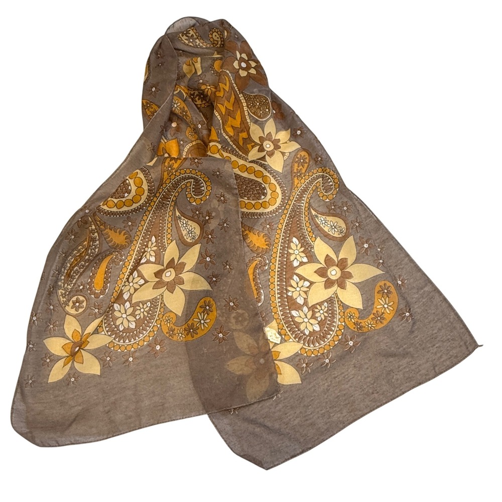 Vintage Sheer Floral Paisley Scarf‎ Brown & Mustard Yellow 100% Nylon Made Italy